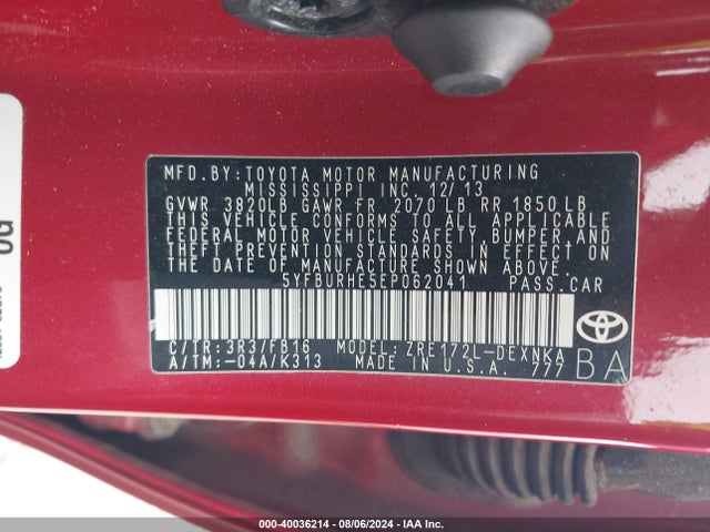 Toyota COROLLA LE 2014 5YFBURHE5EP062041 Image 9