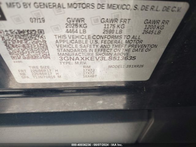 3GNAXKEV3LS513635 Chevrolet Equinox Fwd Lt 1.5l Turbo