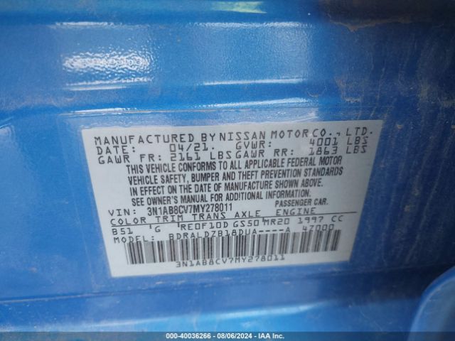 3N1AB8CV7MY278011 Nissan Sentra Sv Xtronic Cvt