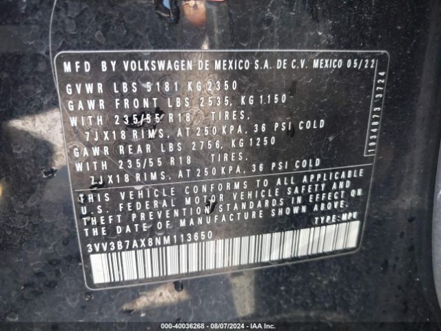 3VV3B7AX8NM113650 Volkswagen Tiguan 2.0t Se