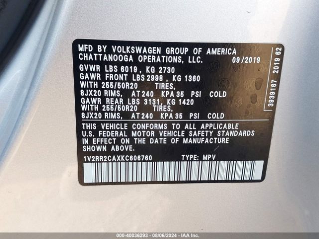 1V2RR2CAXKC606760 Volkswagen Atlas 3.6l V6 Sel R-line