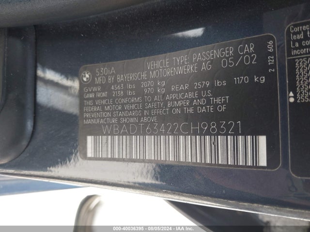 Auction sale of the 2002 Bmw 530ia, vin: WBADT63422CH98321, lot number: 40036395