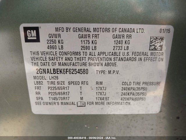 Chevrolet EQUINOX 1LT 2015 2GNALBEK6F6254580 Image 9