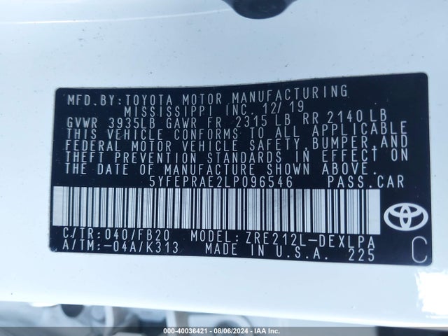 Toyota COROLLA LE 2020 5YFEPRAE2LP096546 Image 9