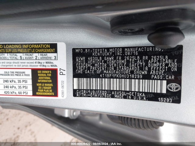 Toyota CAMRY SE 2017 4T1BF1FK0HU318299 Image 9