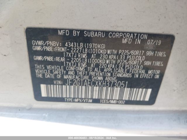 JF2GTAECXKH373051 Subaru Crosstrek 2.0i Premium