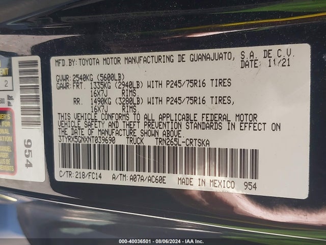 Toyota Tacoma Sr5 2022 3TYRX5GNXNT039690 Image 9