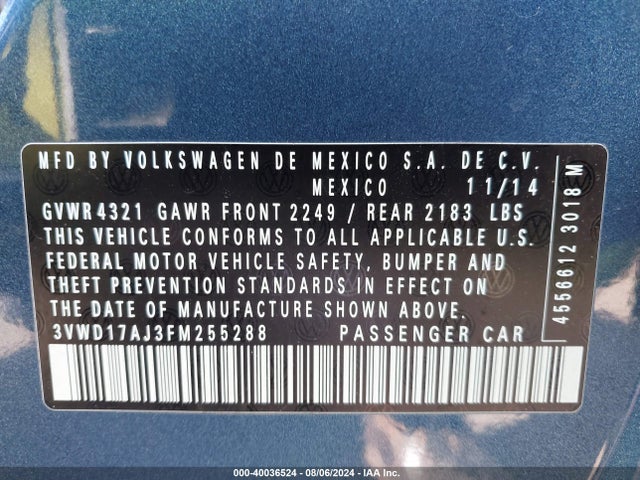 3VWD17AJ3FM255288 Volkswagen Jetta 1.8t Se