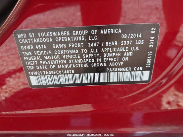 1VWCV7A39FC014676 Volkswagen Passat 2.0l Tdi Sel Premium