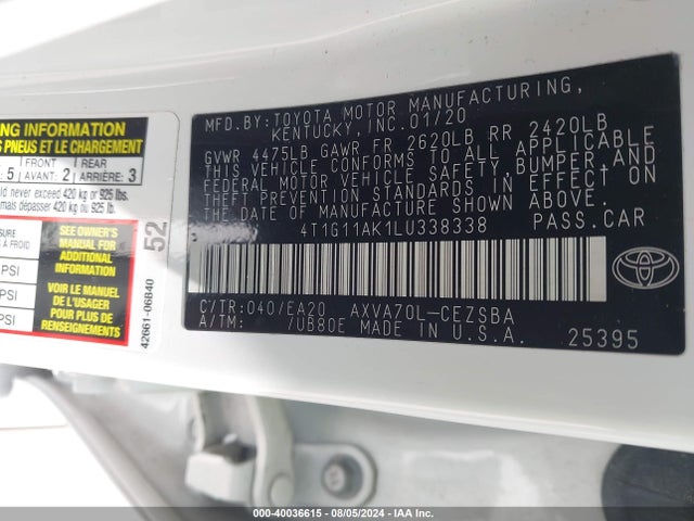 Toyota CAMRY SE 2020 4T1G11AK1LU338338 Image 9