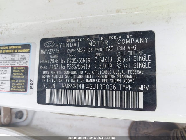 Hyundai Santa Fe Limited 2016 KM8SRDHF4GU135026 Image 9