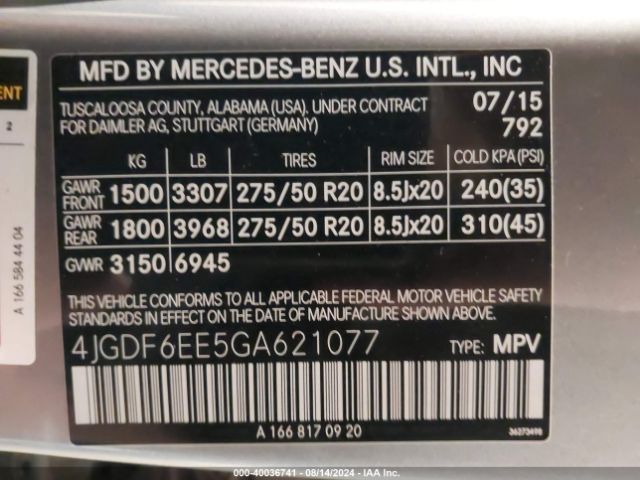 4JGDF6EE5GA621077 Mercedes-Benz Gl 450 4matic