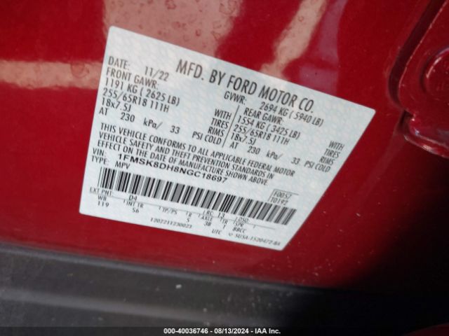 1FMSK8DH8NGC18697 Ford EXPLORER XLT