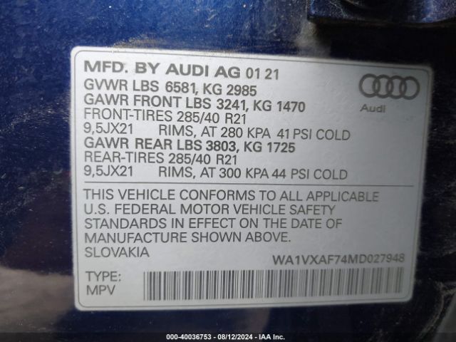 WA1VXAF74MD027948 Audi Q7 Prestige 55 Tfsi Quattro Tiptronic