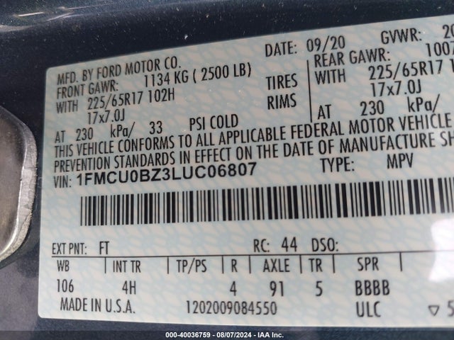 1FMCU0BZ3LUC06807 Ford Escape Se Sport Hybrid