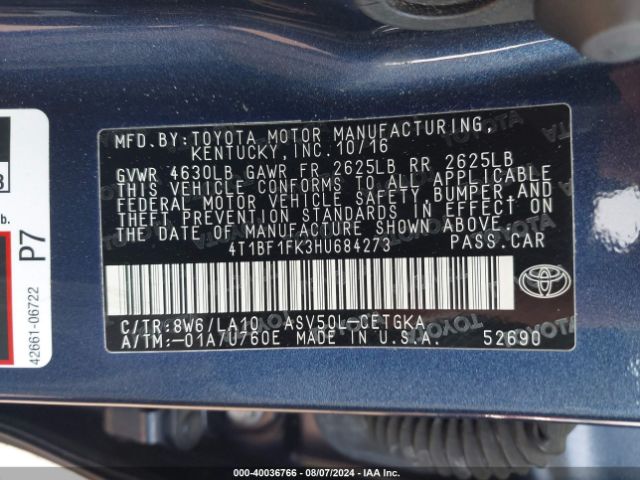 4T1BF1FK3HU684273 Toyota CAMRY XLE
