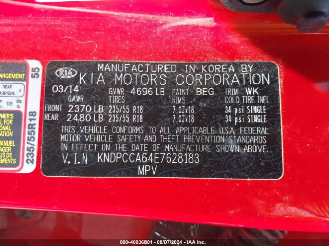 KNDPCCA64E7628183 KIA Sportage Sx