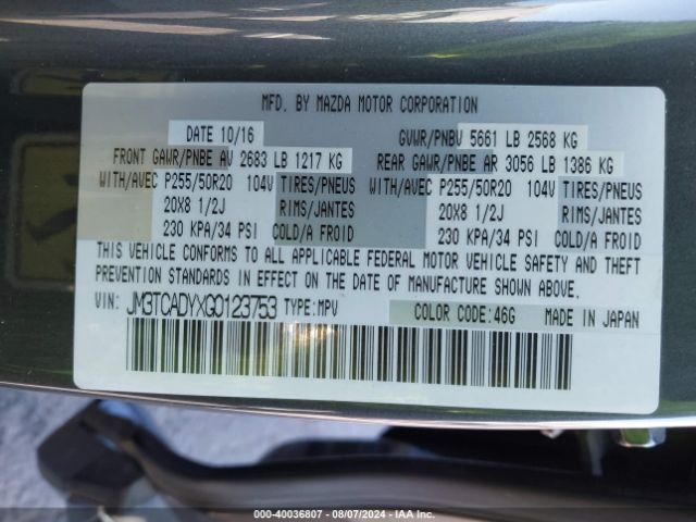 JM3TCADYXG0123753 Mazda Cx-9 Grand Touring