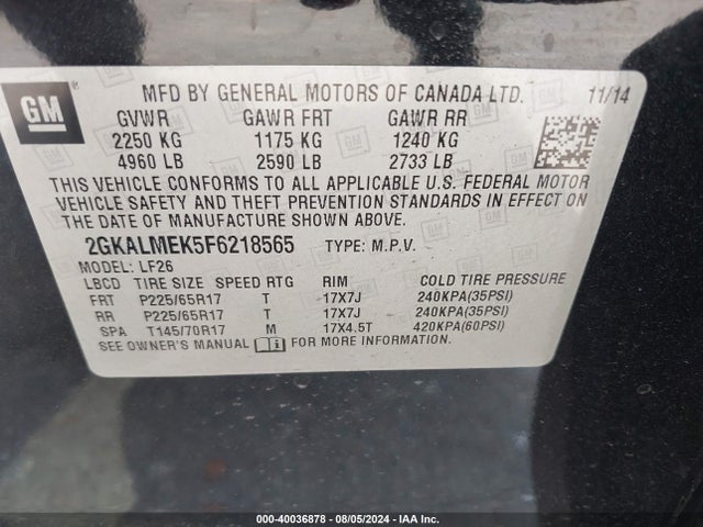 GMC Terrain Sle-1 2015 2GKALMEK5F6218565 Image 9