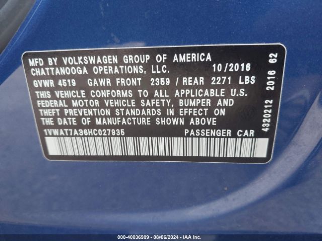 1VWAT7A36HC027935 Volkswagen Passat 1.8t S