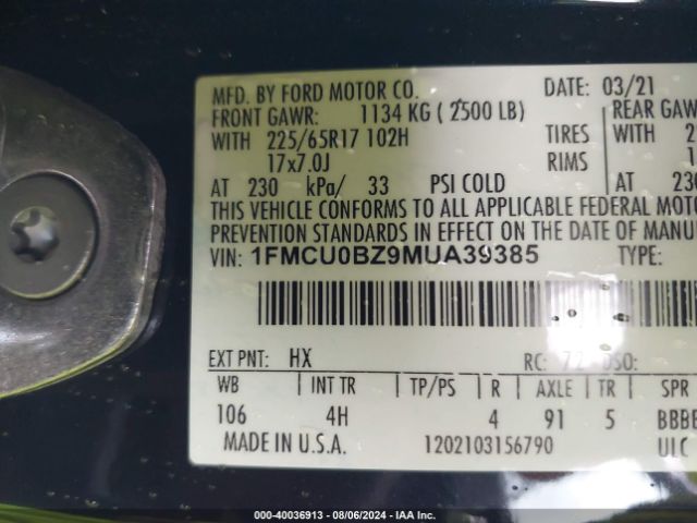 1FMCU0BZ9MUA39385 Ford Escape Se Hybrid