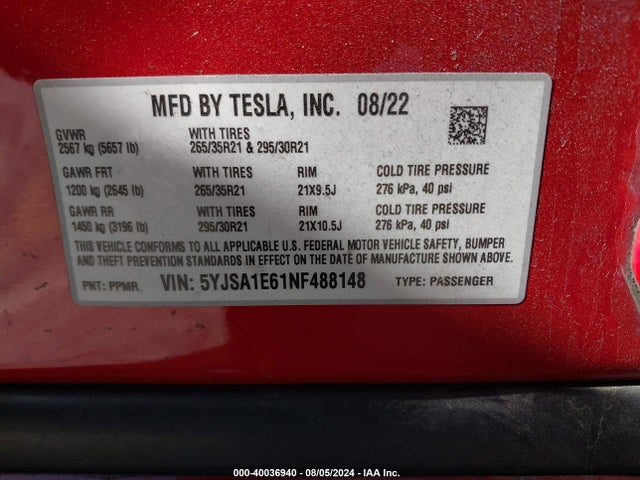 5YJSA1E61NF488148 Tesla Model S Plaid Tri Motor All-wheel Drive