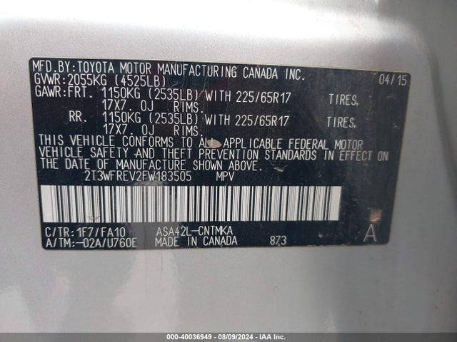 Toyota Rav4 Xle 2015 2T3WFREV2FW183505 Image 9