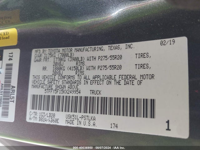 5TFFY5F15KX249954 Toyota Tundra Limited 5.7l V8