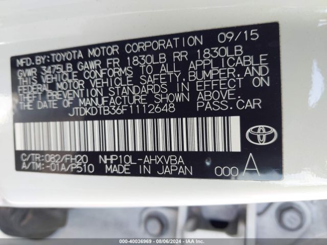 JTDKDTB36F1112648 Toyota Prius C One
