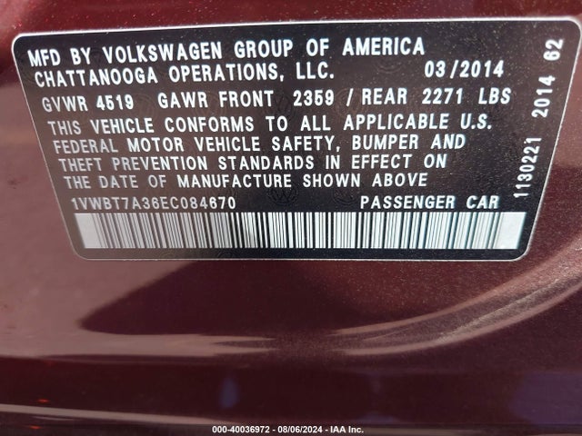 1VWBT7A36EC084670 Volkswagen Passat 1.8t Se
