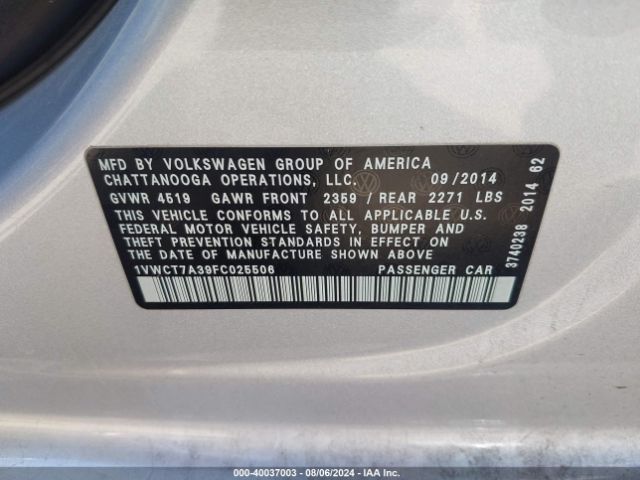 1VWCT7A39FC025506 Volkswagen Passat 1.8t Sel Premium