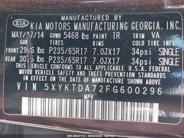 KIA Sorento Lx V6 2015 5XYKTDA72FG600296 Image 9