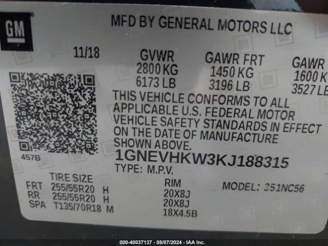 1GNEVHKW3KJ188315 Chevrolet Traverse 3lt