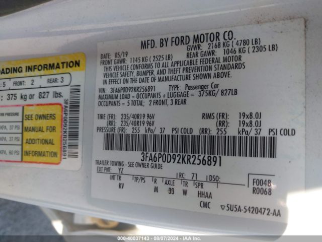 3FA6P0D92KR256891 Ford Fusion Titanium