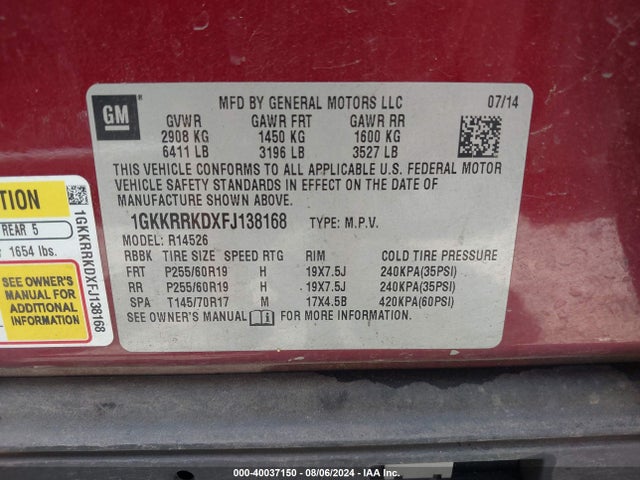 Продаж на аукціоні авто 2015 Gmc Acadia Slt-1, vin: 1GKKRRKDXFJ138168, номер лоту: 40037150
