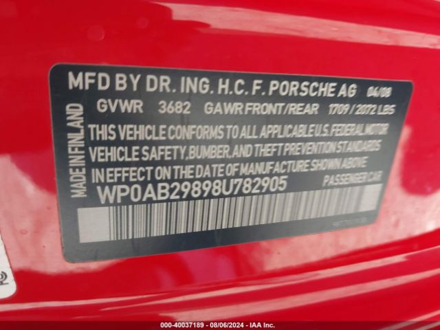 2008 PORSCHE CAYMAN S WP0AB29898U782905 Photo 8