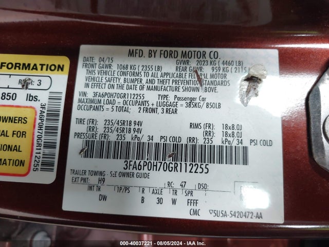 Ford FUSION SE 2016 3FA6P0H70GR112255 Image 9