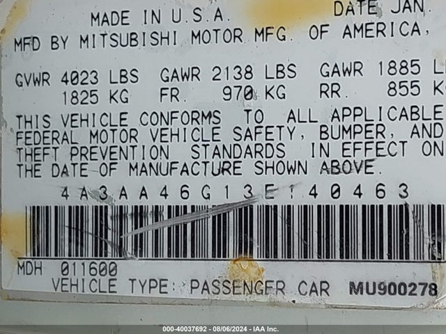 2003 MITSUBISHI GALANT 4A3AA46G13E140463 Photo 8