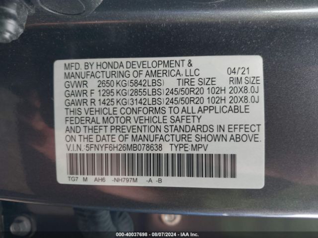 5FNYF6H26MB078638 Honda Pilot Awd Special Edition