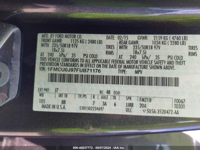 Ford Escape Titanium 2015 1FMCU0J97FUB71176 Image 9