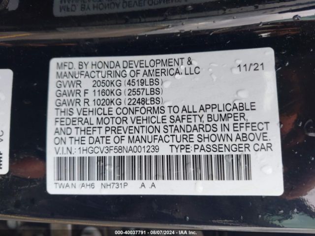1HGCV3F58NA001239 Honda Accord Hybrid Ex-l