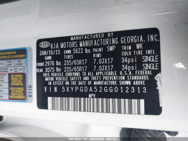 5XYPGDA52GG012313 KIA Sorento 3.3l Lx