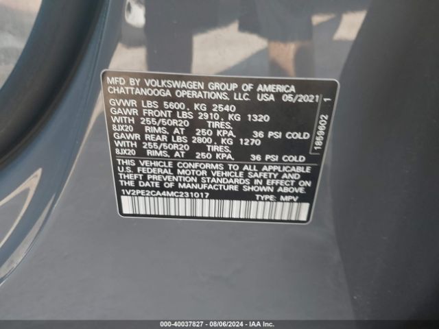 1V2PE2CA4MC231017 Volkswagen Atlas Cross Sport 3.6l V6 Se W/technology R-line