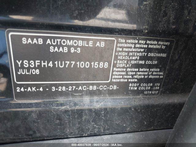 2007 SAAB 9-3 YS3FH41U771001588 Photo 8