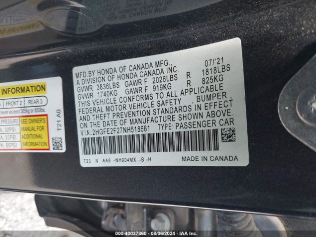 2HGFE2F27NH518661 Honda Civic Lx