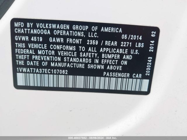 1VWAT7A37EC107062 Volkswagen Passat 1.8t Wolfsburg Edition