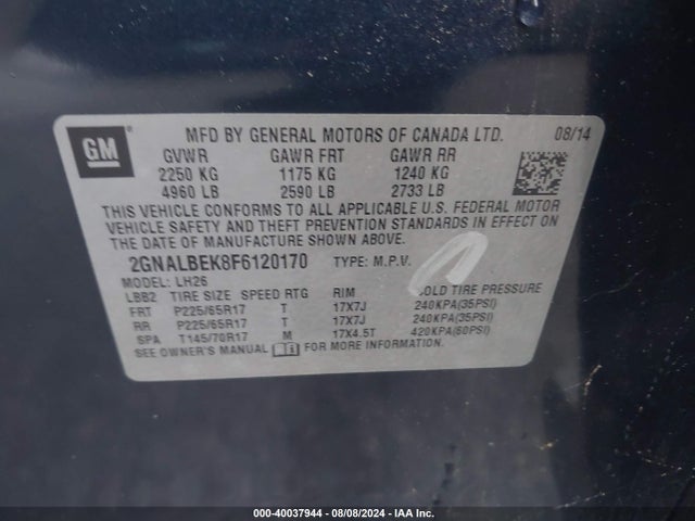 Chevrolet EQUINOX 1LT 2015 2GNALBEK8F6120170 Image 9