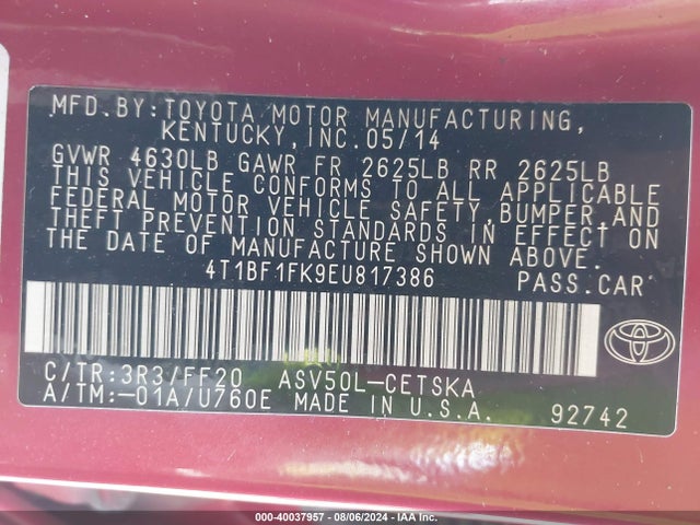 Toyota CAMRY SE 2014 4T1BF1FK9EU817386 Image 9