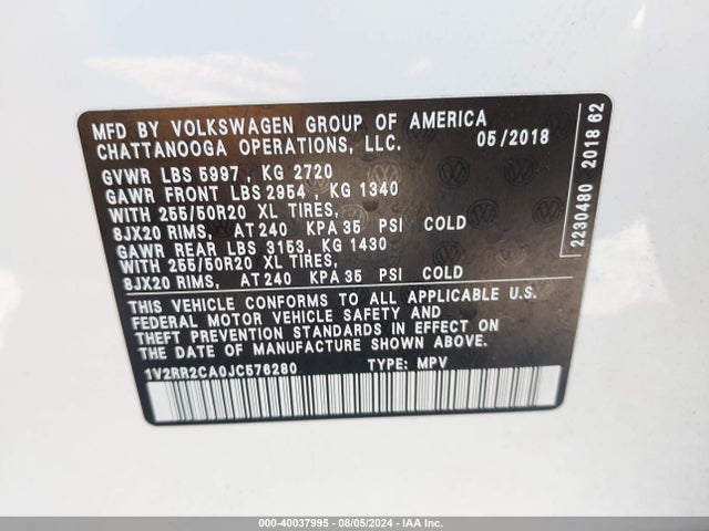 1V2RR2CA0JC576280 Volkswagen Atlas 3.6l V6 Sel