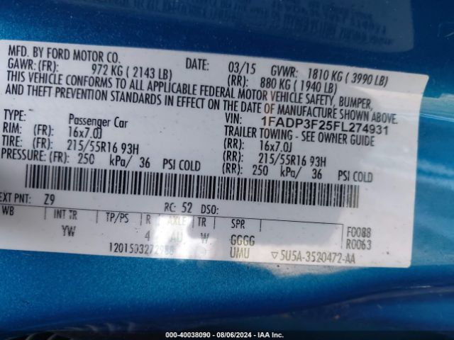 1FADP3F25FL274931 Ford FOCUS SE